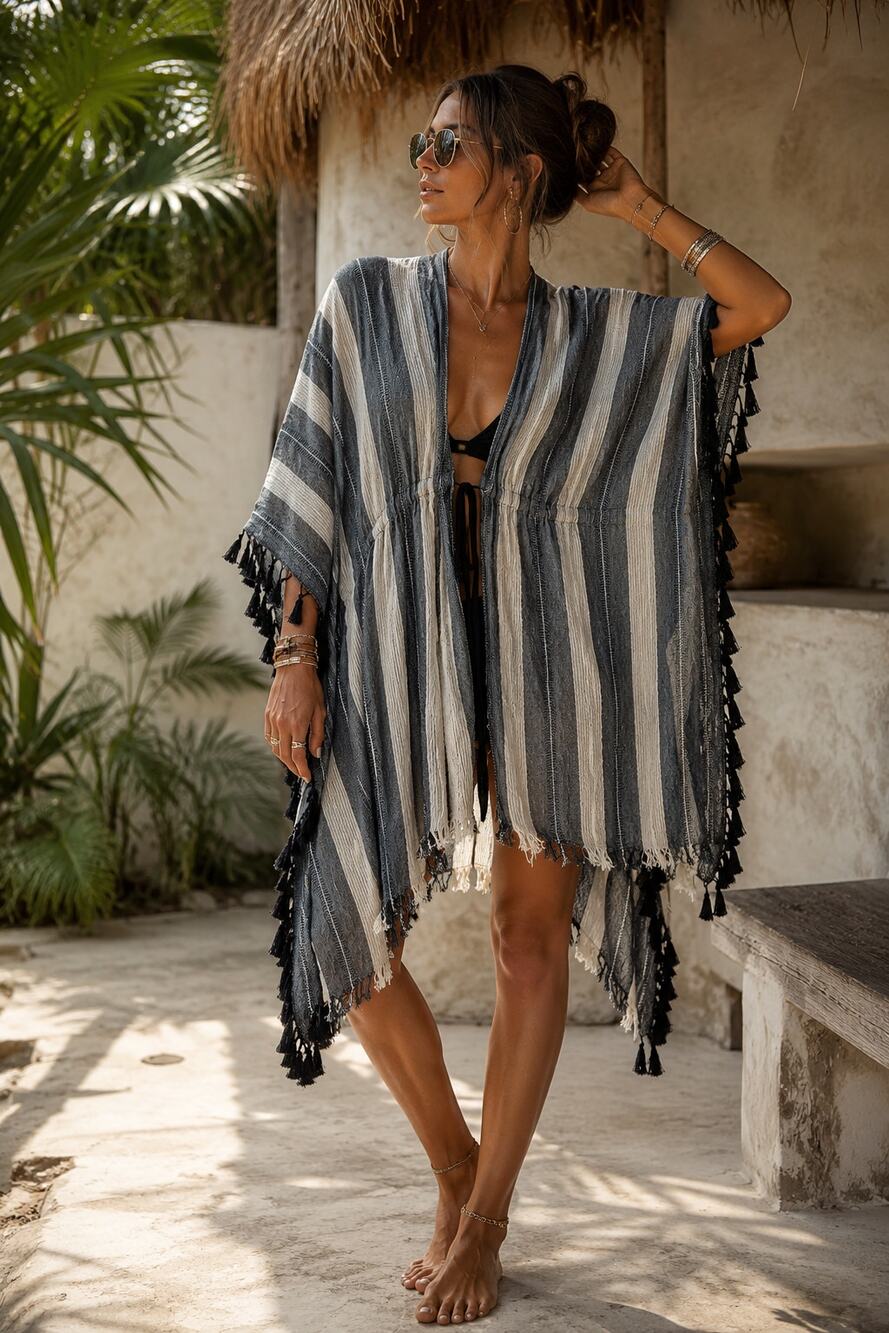BCBGMAXAZRIA | NWT Black & Cream Striped Fringe Tassel Tulum Cover Up Kaftan OS